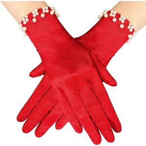 Women's Elegant Red Floral Short Lace Wrist Gloves Bridal Dinner Party Prom